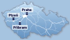mapa ČR s vyznačením provozoven firmy - Příbram, Plzeň, Praha